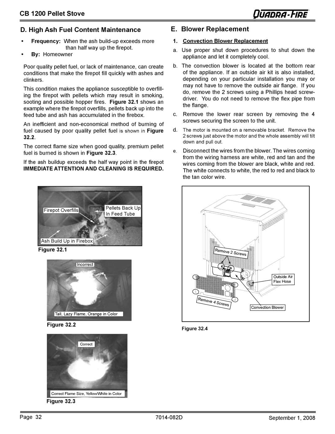 Quadra-Fire CB1200-B owner manual CB 1200 Pellet Stove High Ash Fuel Content Maintenance, Convection Blower Replacement 