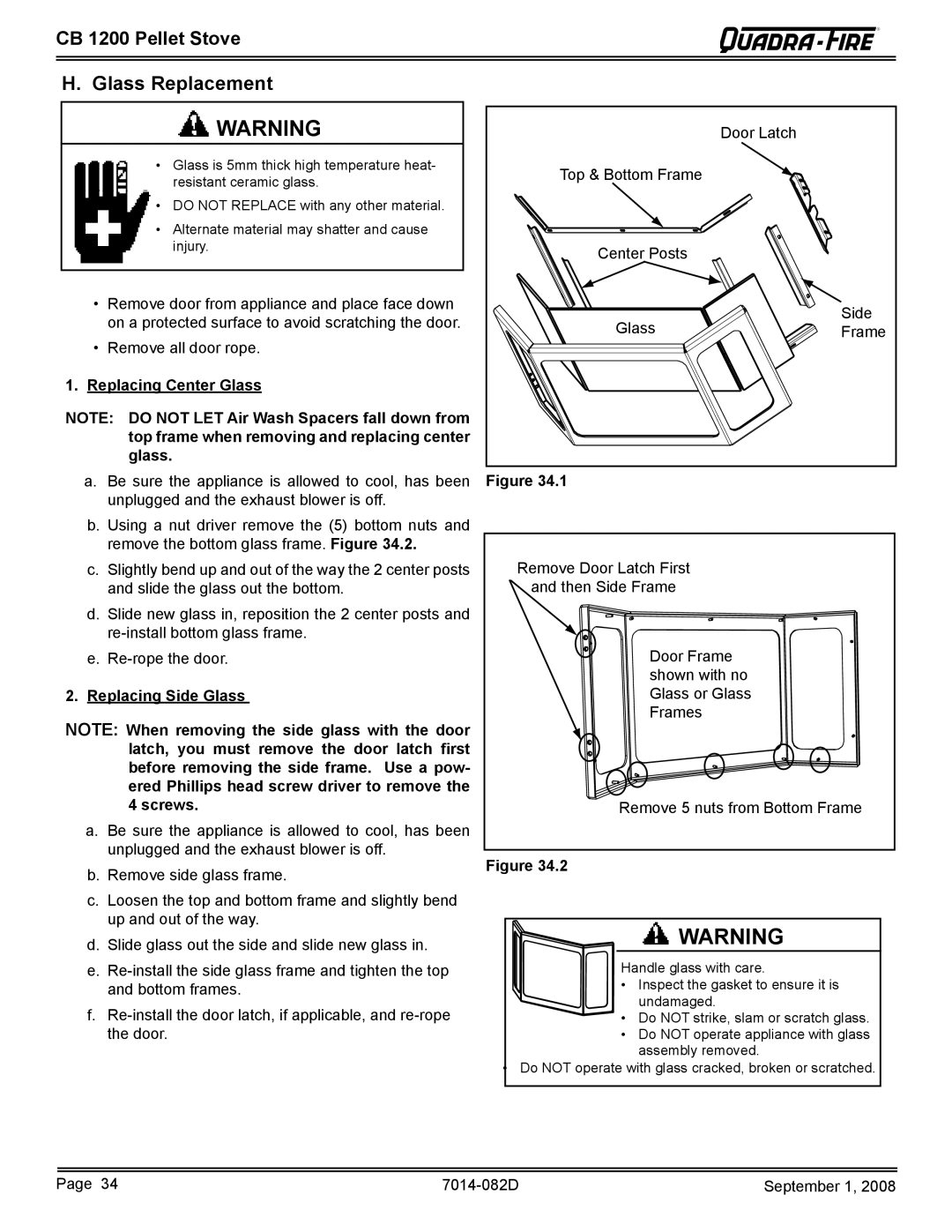 Quadra-Fire CB1200-B owner manual Glass Replacement, Replacing Side Glass 