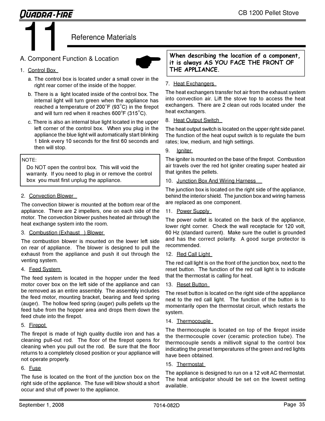 Quadra-Fire CB1200-B owner manual Reference Materials, Component Function & Location 