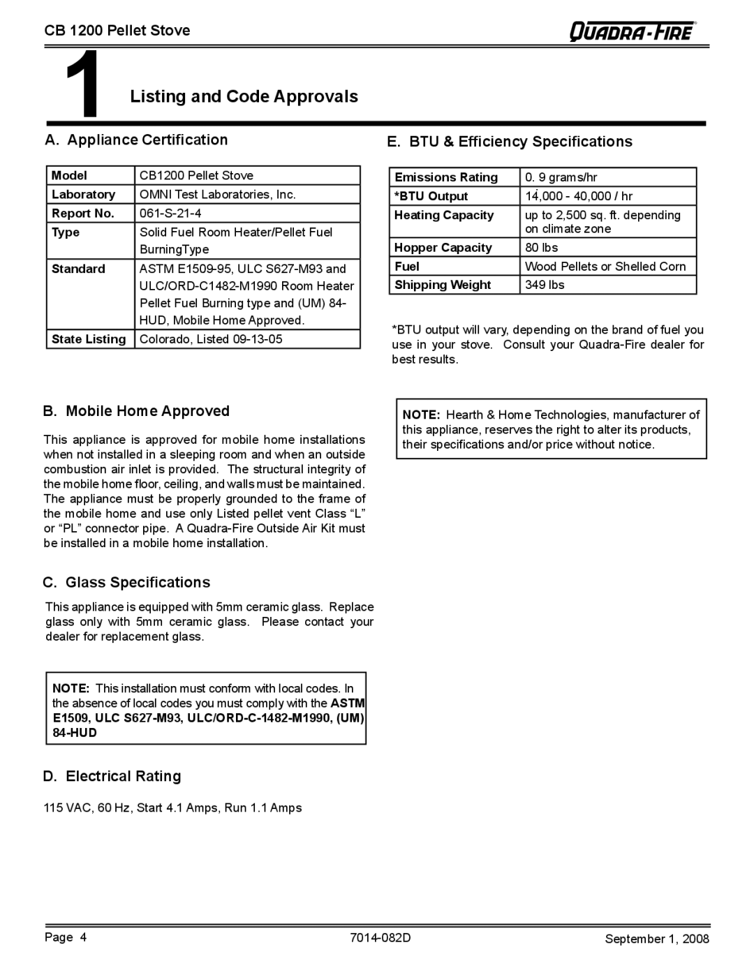 Quadra-Fire CB1200-B owner manual Listing and Code Approvals 