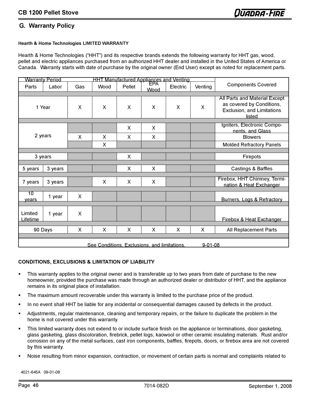 Quadra-Fire CB1200-B owner manual CB 1200 Pellet Stove Warranty Policy, CONDITIONS, Exclusions & Limitation of Liability 