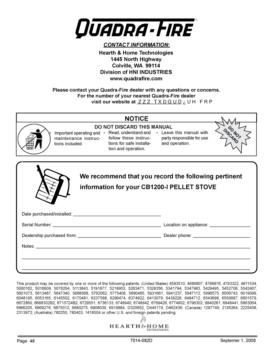 Quadra-Fire CB1200-B owner manual Contact Information 