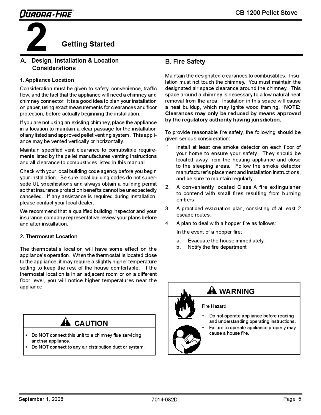 Quadra-Fire CB1200-B Getting Started, Design, Installation & Location Considerations, Fire Safety, Appliance Location 