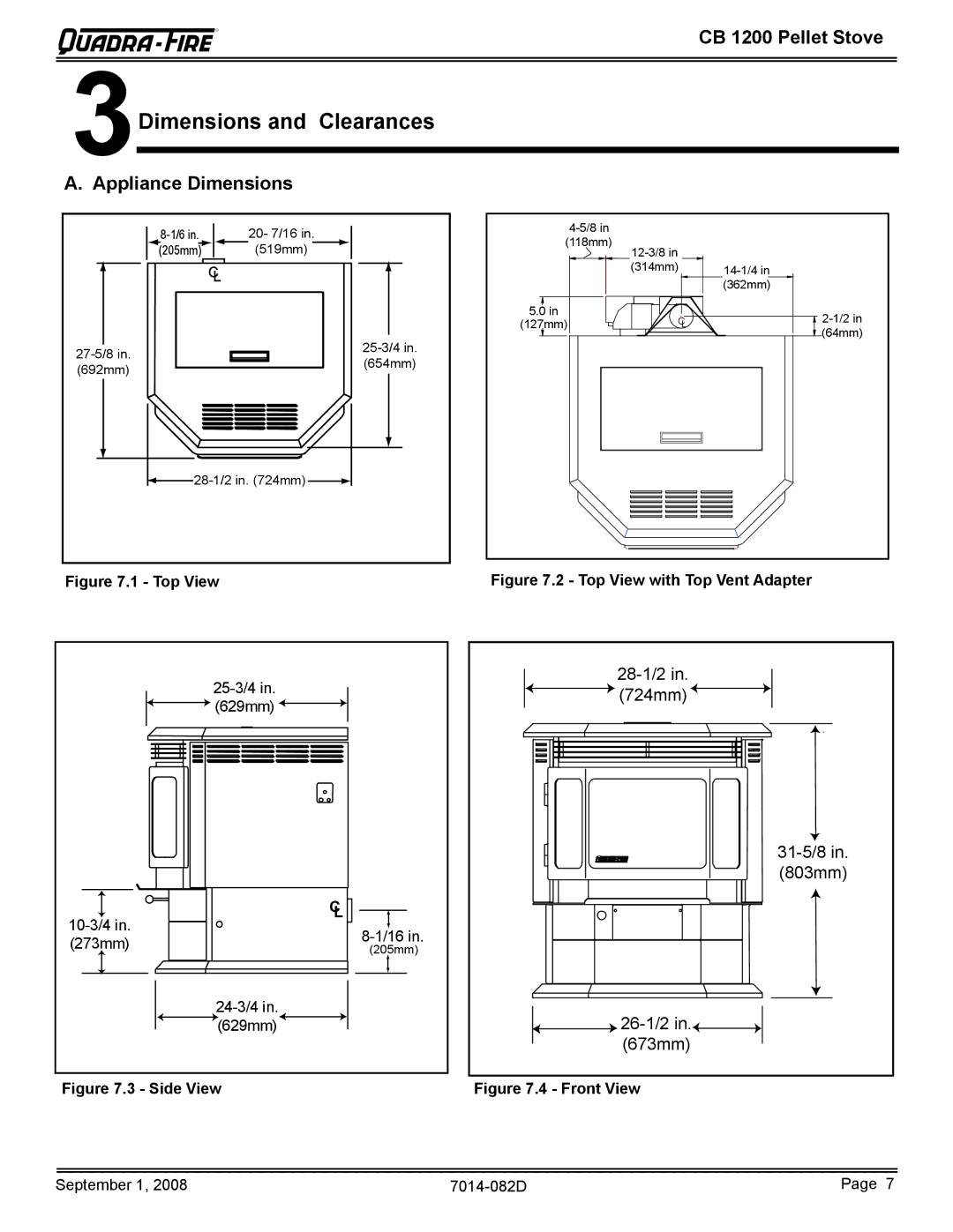 Quadra-Fire CB1200-B owner manual Dimensions and Clearances, Appliance Dimensions 