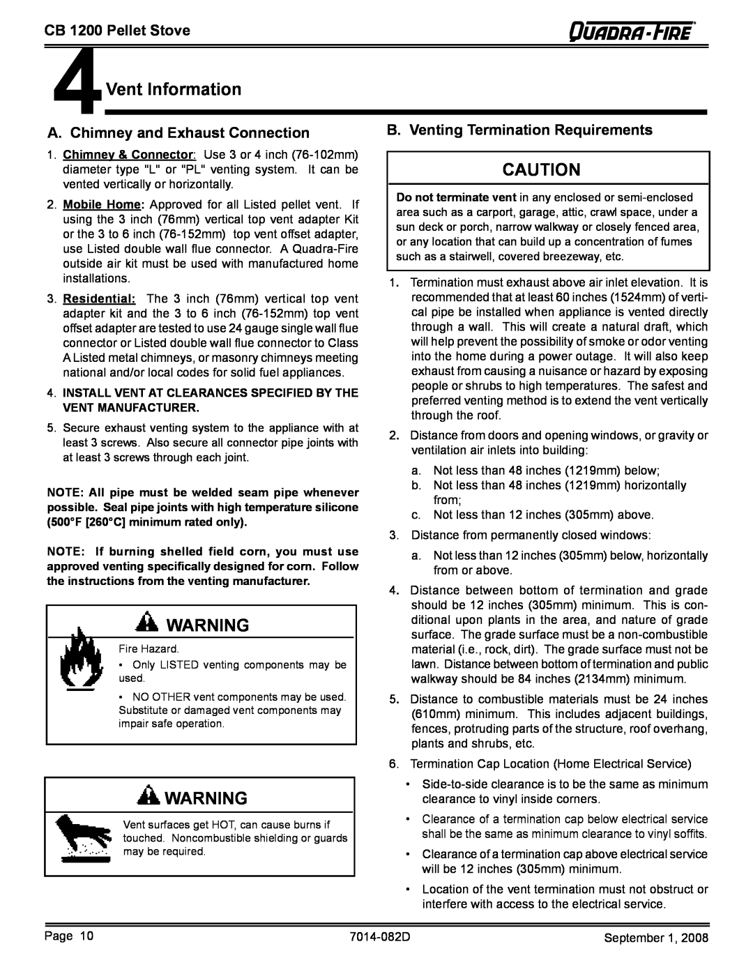 Quadra-Fire CB1200-B owner manual Vent Information, Chimney and Exhaust Connection, B. Venting Termination Requirements 