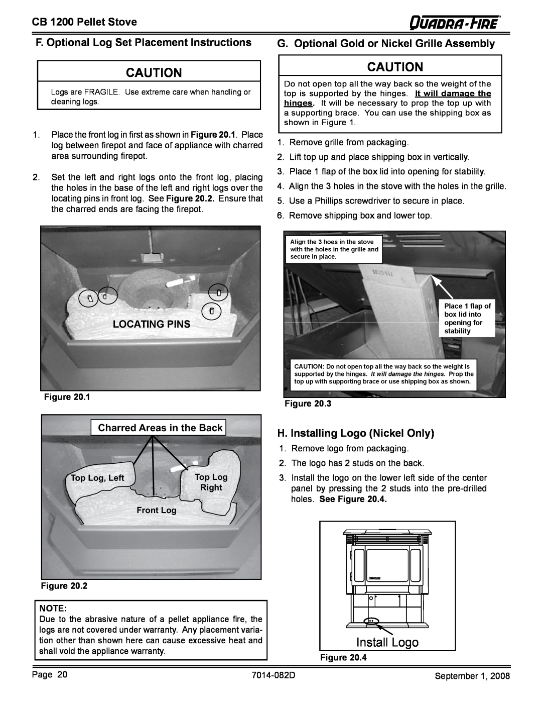 Quadra-Fire CB1200-B F. Optional Log Set Placement Instructions, G. Optional Gold or Nickel Grille Assembly, Locating Pins 