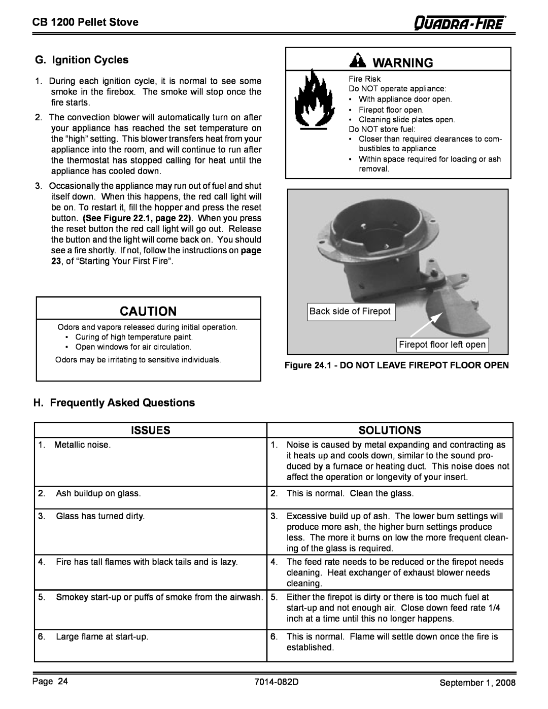 Quadra-Fire CB1200-B G. Ignition Cycles, H. Frequently Asked Questions, Issues, Solutions, CB 1200 Pellet Stove 