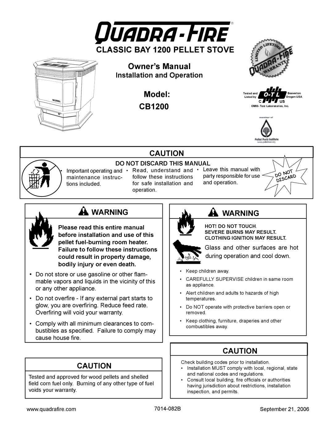 Quadra-Fire CB1200 owner manual Classic BAY 1200 Pellet Stove 