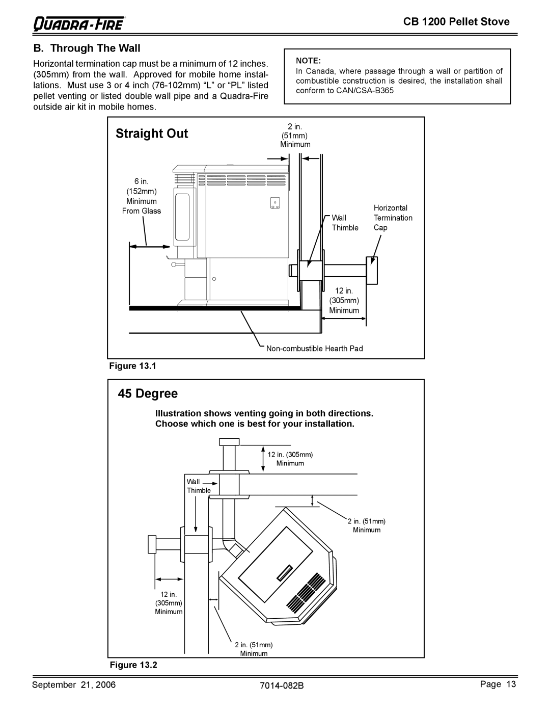 Quadra-Fire CB1200 owner manual Straight Out, Degree, CB 1200 Pellet Stove Through The Wall 