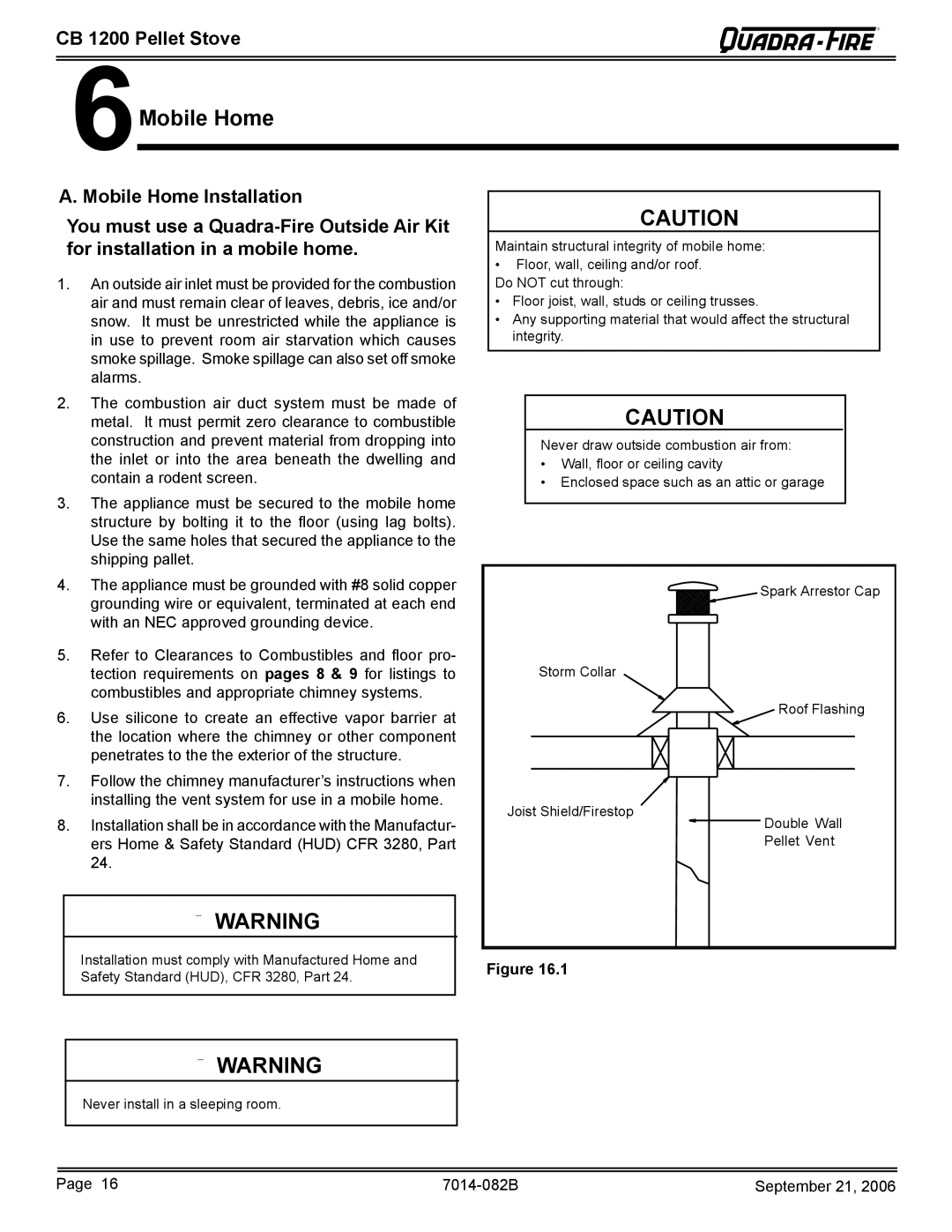 Quadra-Fire CB1200 owner manual Mobile Home 