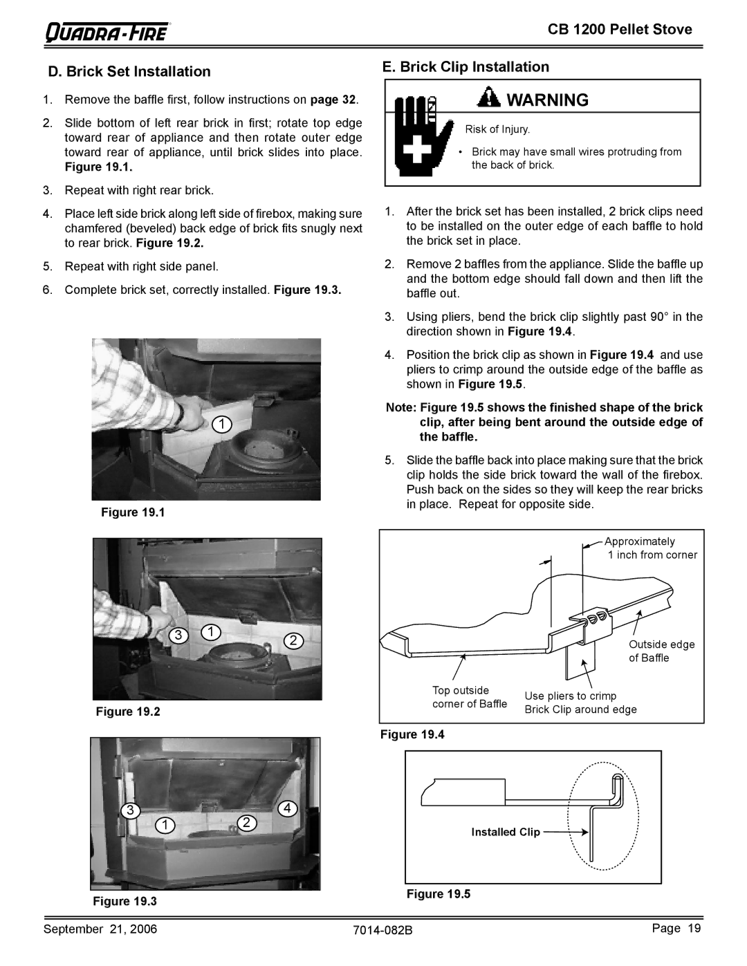 Quadra-Fire CB1200 owner manual CB 1200 Pellet Stove Brick Set Installation, Brick Clip Installation 