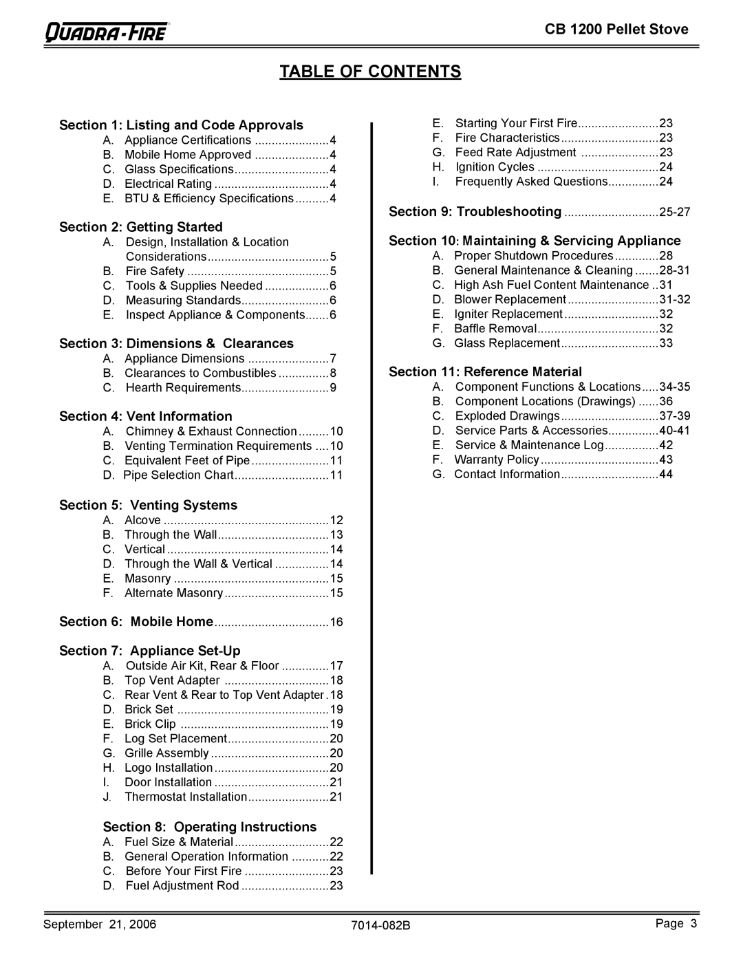 Quadra-Fire CB1200 owner manual Table of Contents 