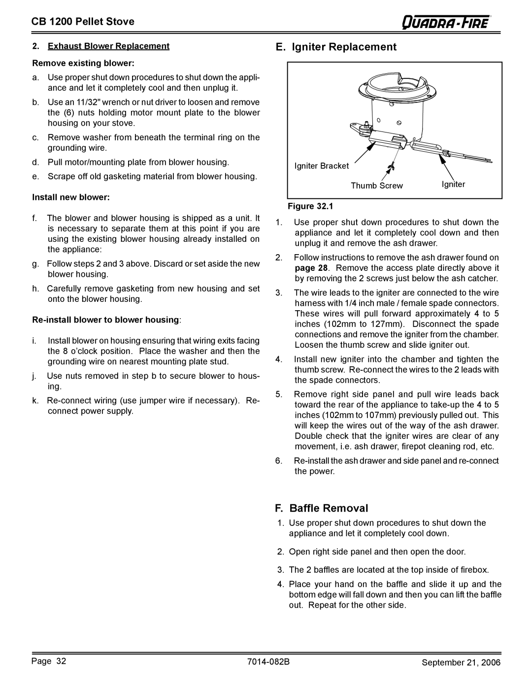 Quadra-Fire CB1200 owner manual Exhaust Blower Replacement Remove existing blower, Install new blower 