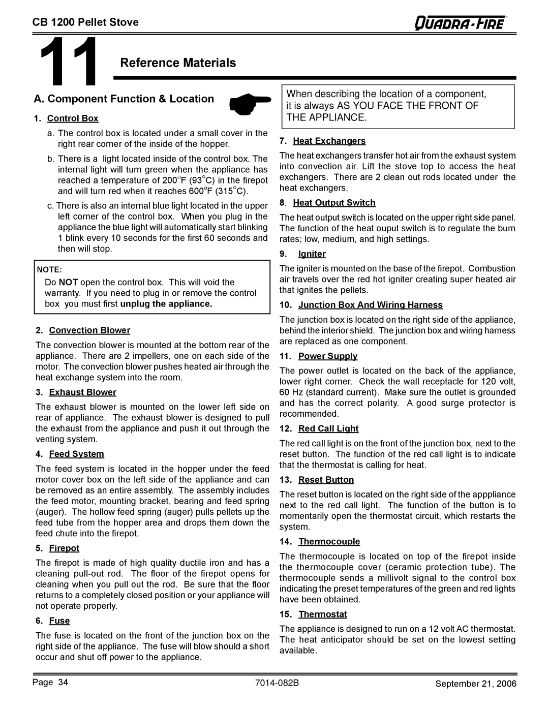 Quadra-Fire CB1200 owner manual Reference Materials, CB 200 Pellet Stove, Component Function & Location 