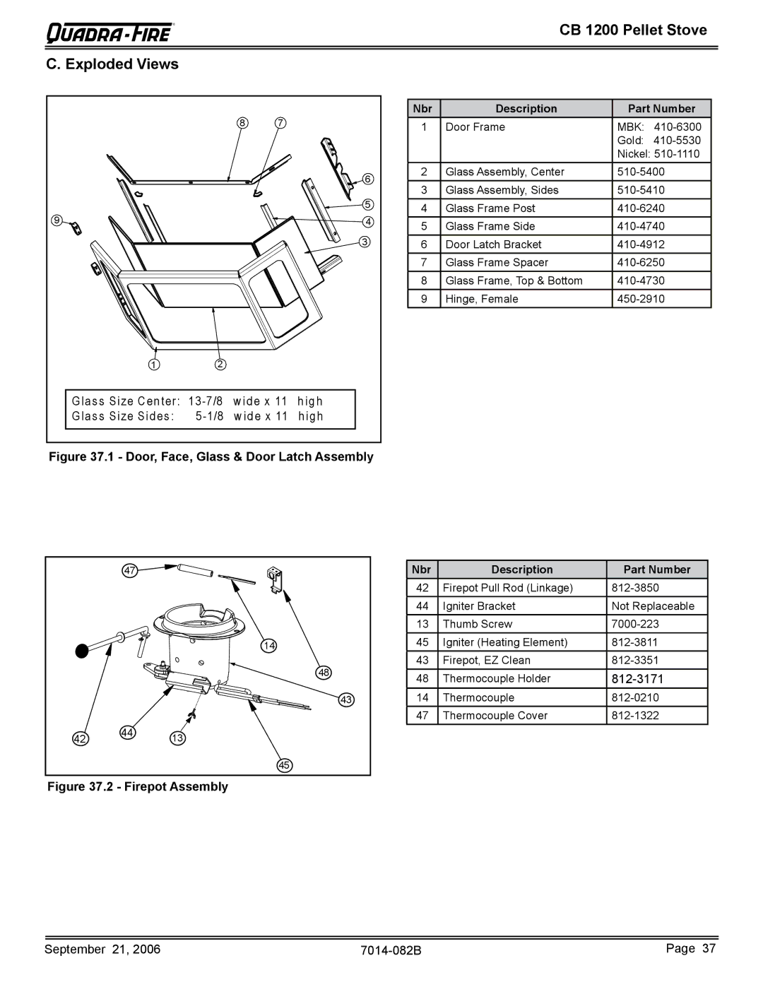 Quadra-Fire CB1200 CB 1200 Pellet Stove Exploded Views, Glass Size Center 13-7/8 wide x 11 high, Glass Size Sides 