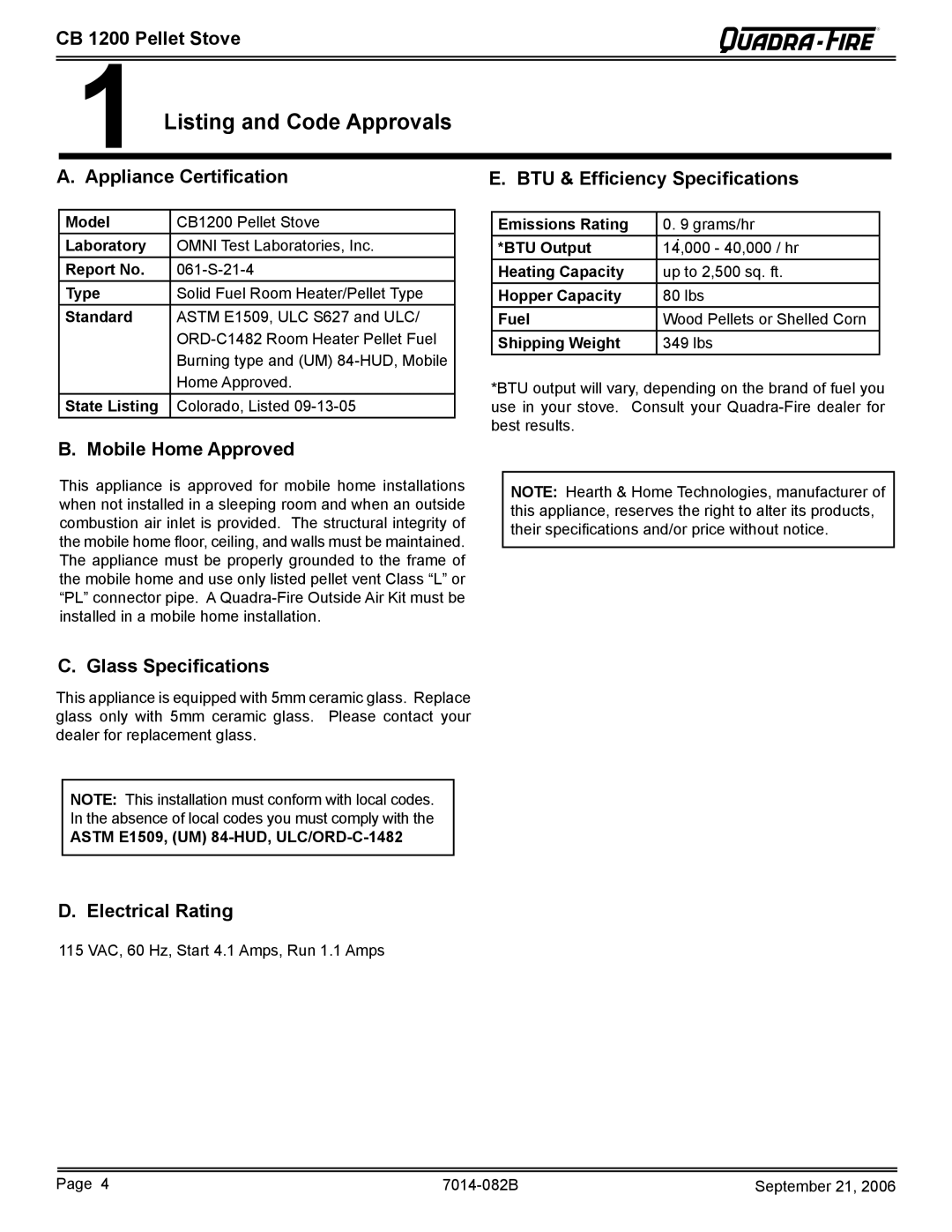 Quadra-Fire CB1200 owner manual Listing and Code Approvals 