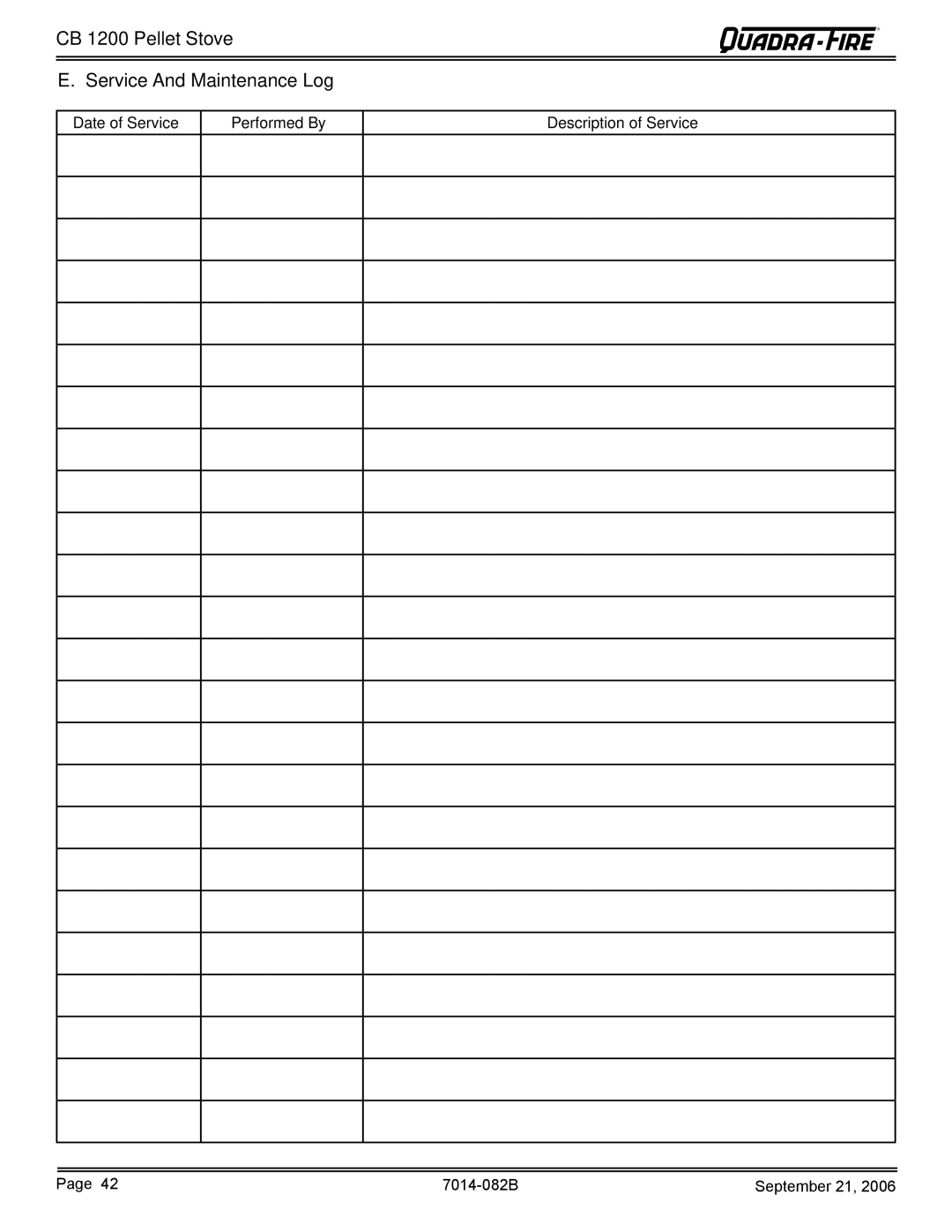 Quadra-Fire CB1200 CB 1200 Pellet Stove Service And Maintenance Log, Date of Service Performed By Description of Service 