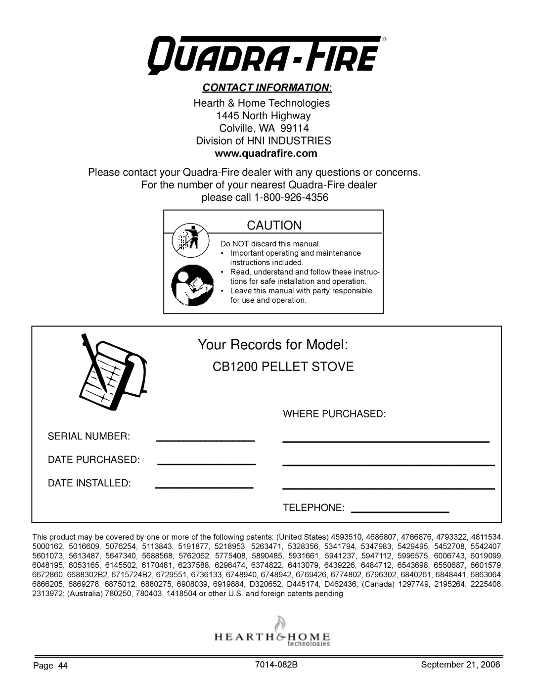 Quadra-Fire CB1200 owner manual Contact Information, Telephone 