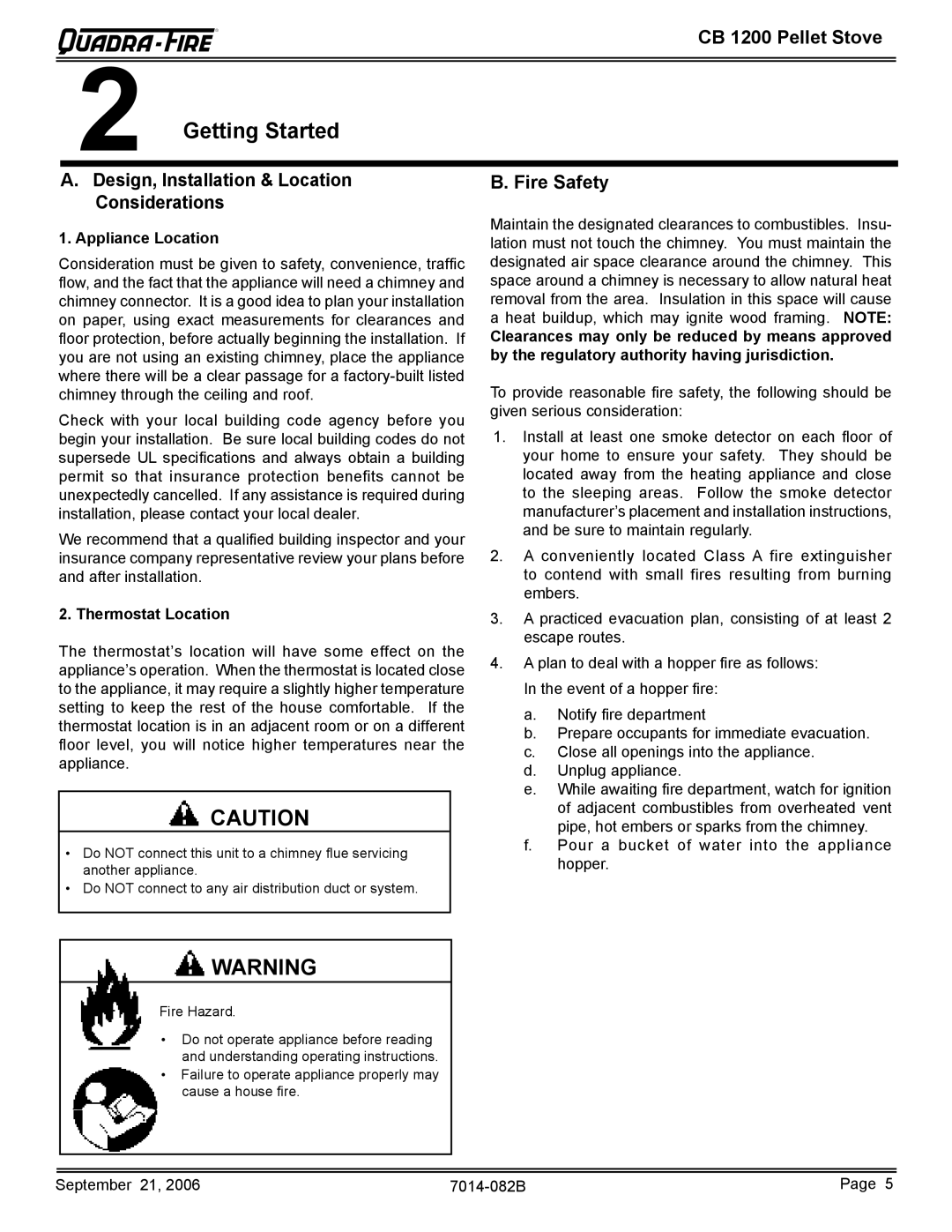 Quadra-Fire CB1200 Getting Started, Design, Installation & Location Considerations, Fire Safety, Appliance Location 