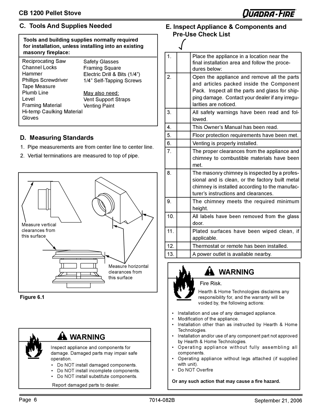 Quadra-Fire CB1200 owner manual CB 1200 Pellet Stove Tools And Supplies Needed, Measuring Standards 