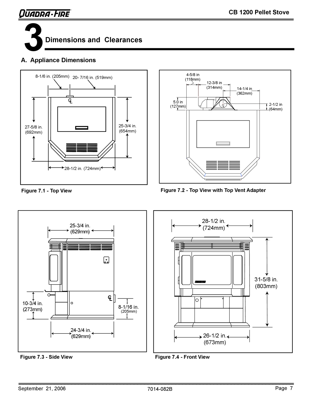 Quadra-Fire CB1200 owner manual Dimensions and Clearances, Appliance Dimensions 