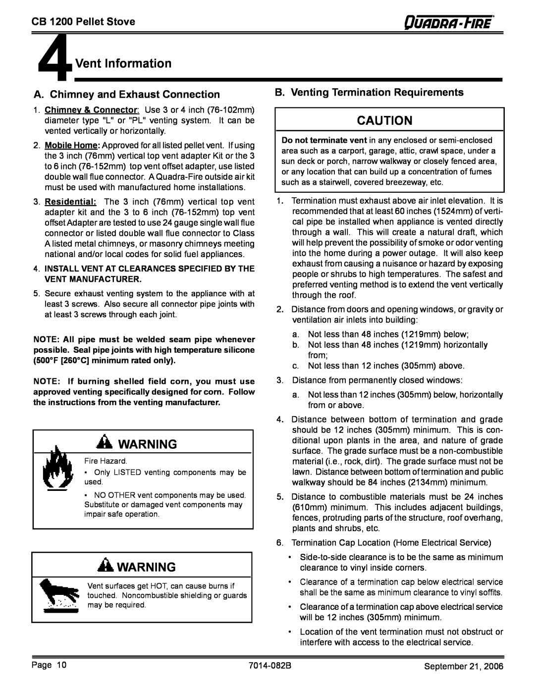 Quadra-Fire CB1200 owner manual Vent Information, Chimney and Exhaust Connection, B. Venting Termination Requirements 