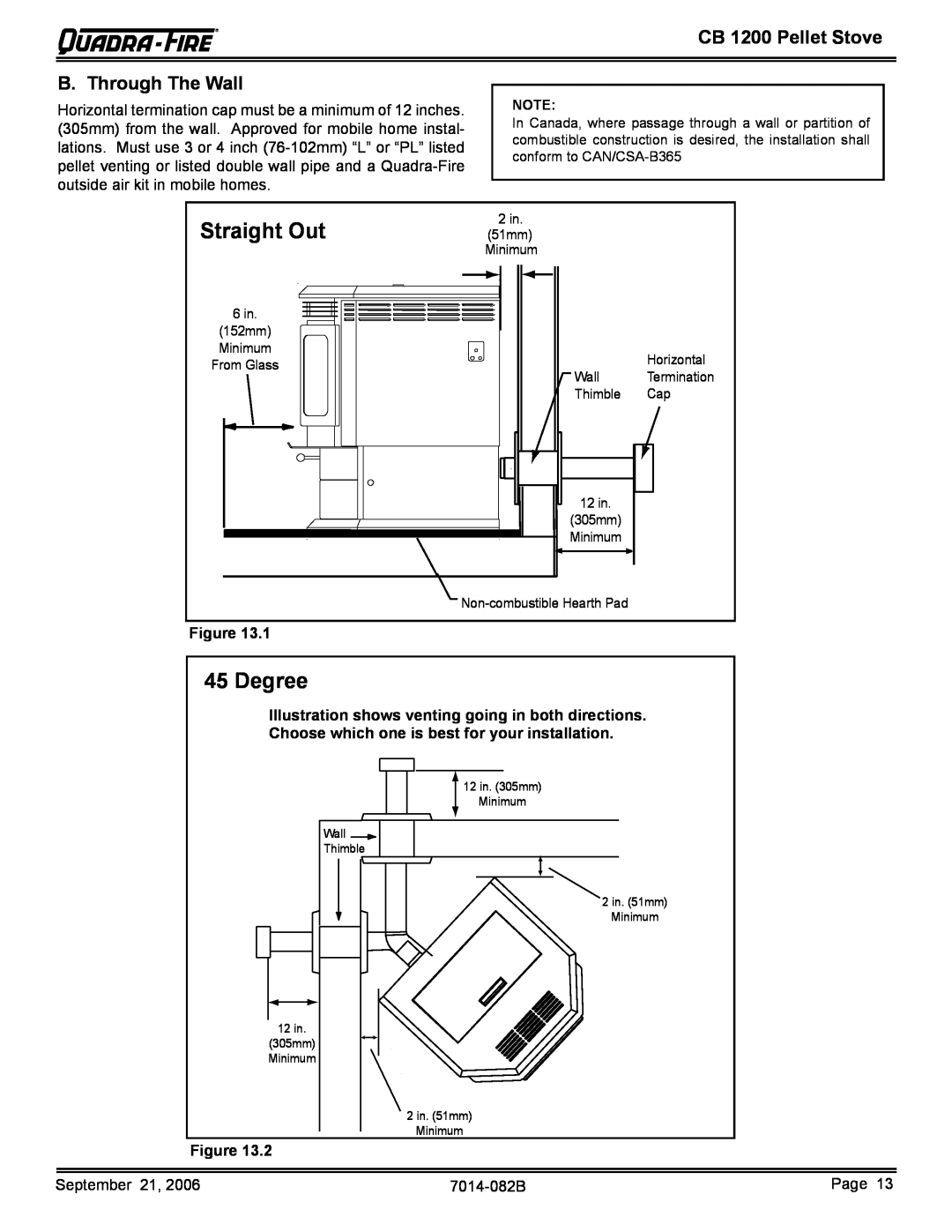 Quadra-Fire CB1200 owner manual Straight Out, Degree, B. Through The Wall, CB 1200 Pellet Stove 