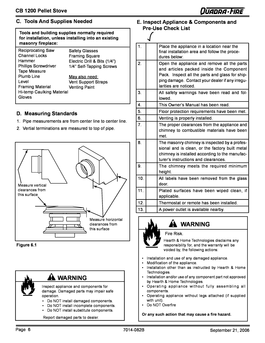 Quadra-Fire CB1200 owner manual C. Tools And Supplies Needed, D. Measuring Standards, CB 1200 Pellet Stove 