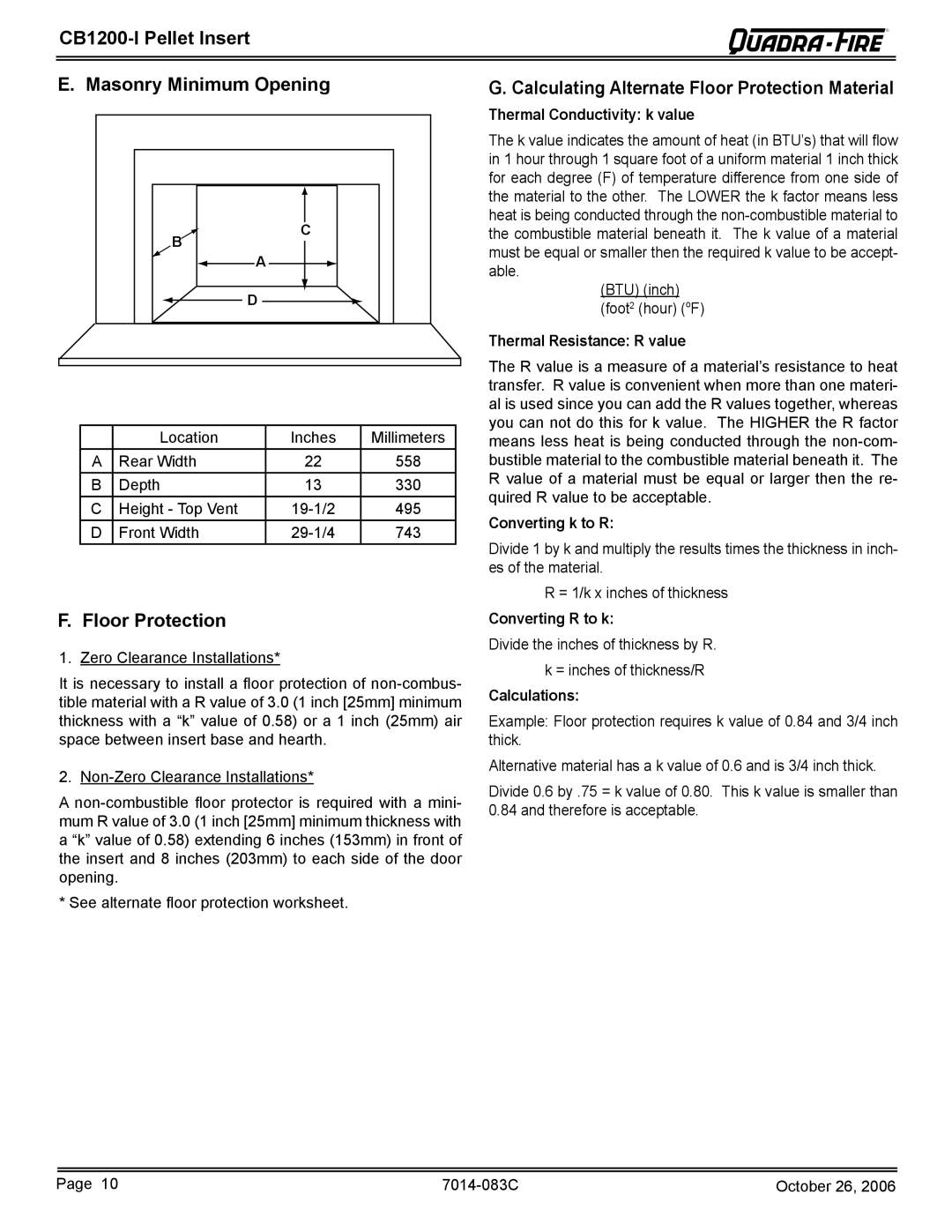 Quadra-Fire CB1200I-B owner manual CB1200-I Pellet Insert Masonry Minimum Opening, Floor Protection 