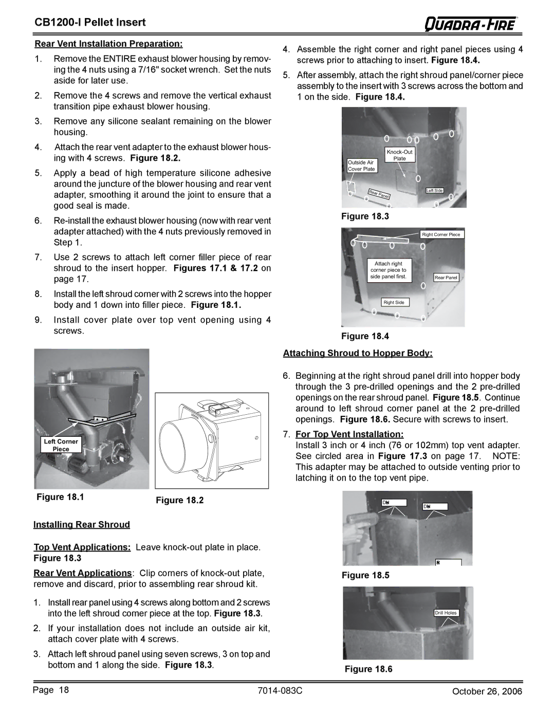 Quadra-Fire CB1200I-B Rear Vent Installation Preparation, Installing Rear Shroud Attaching Shroud to Hopper Body 