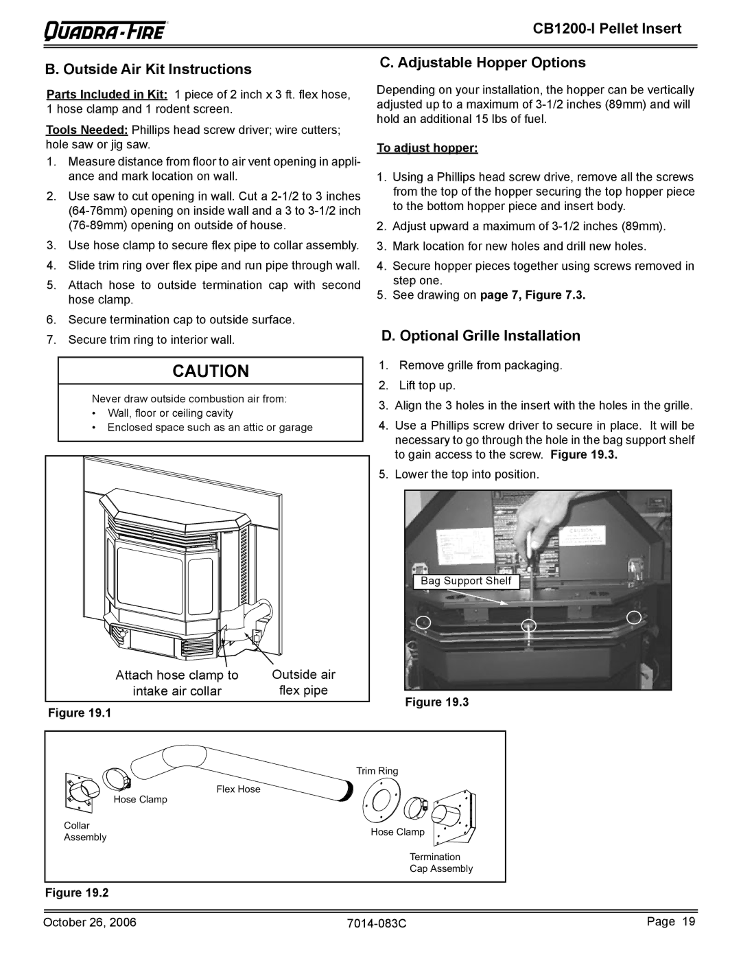 Quadra-Fire CB1200I-B CB1200-I Pellet Insert Outside Air Kit Instructions, Adjustable Hopper Options, To adjust hopper 