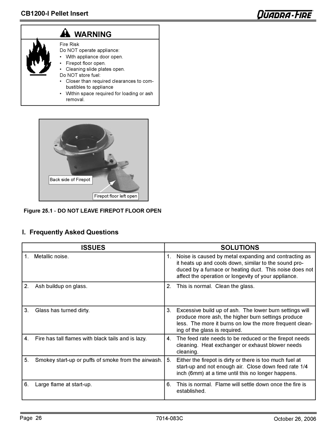 Quadra-Fire CB1200I-B owner manual Frequently Asked Questions, Do not Leave Firepot Floor Open 