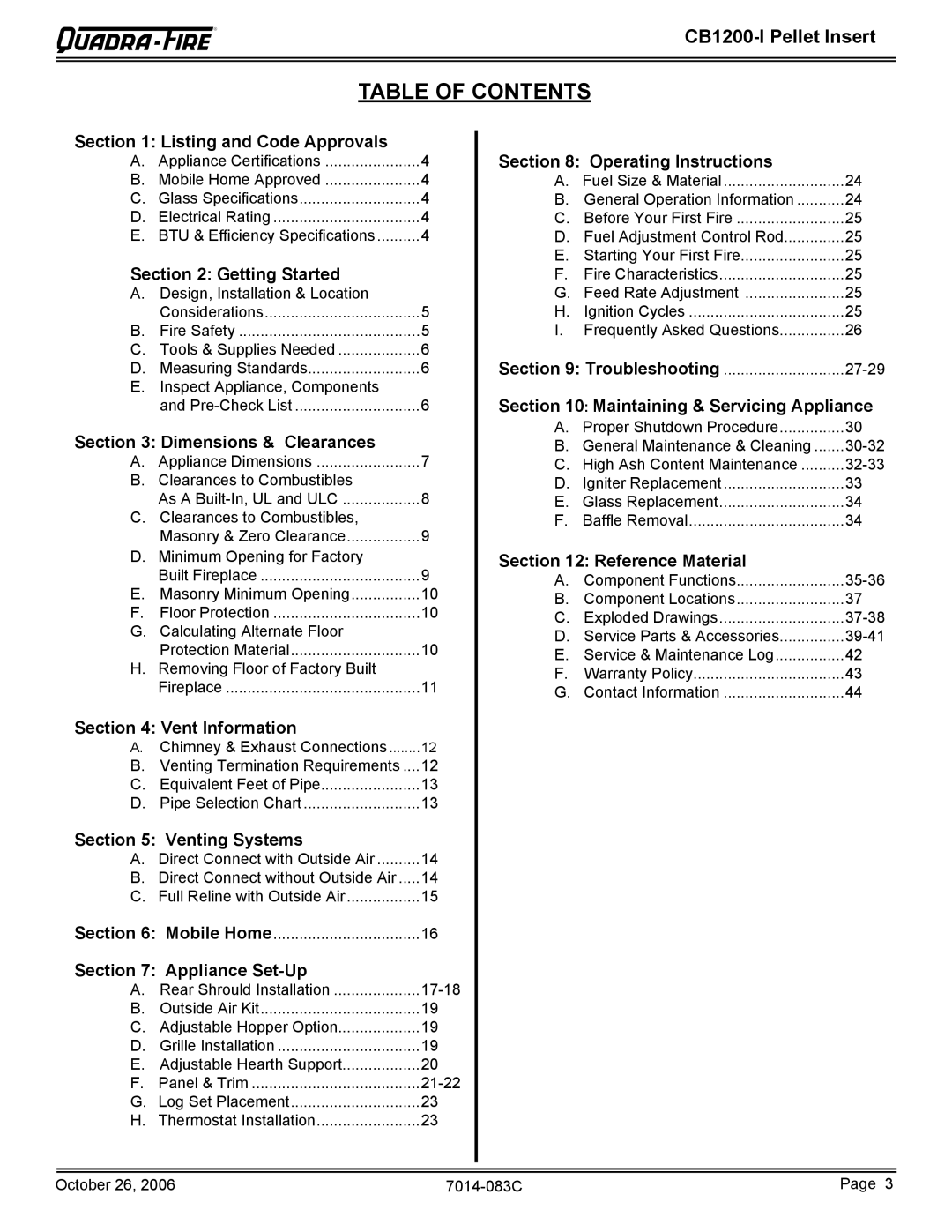 Quadra-Fire CB1200I-B owner manual Table of Contents 