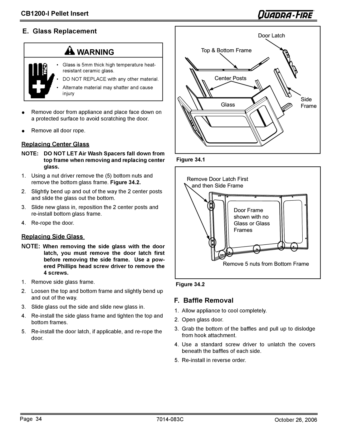 Quadra-Fire CB1200I-B Replacing Center Glass, Replacing Side Glass, Top frame when removing and replacing center Glass 