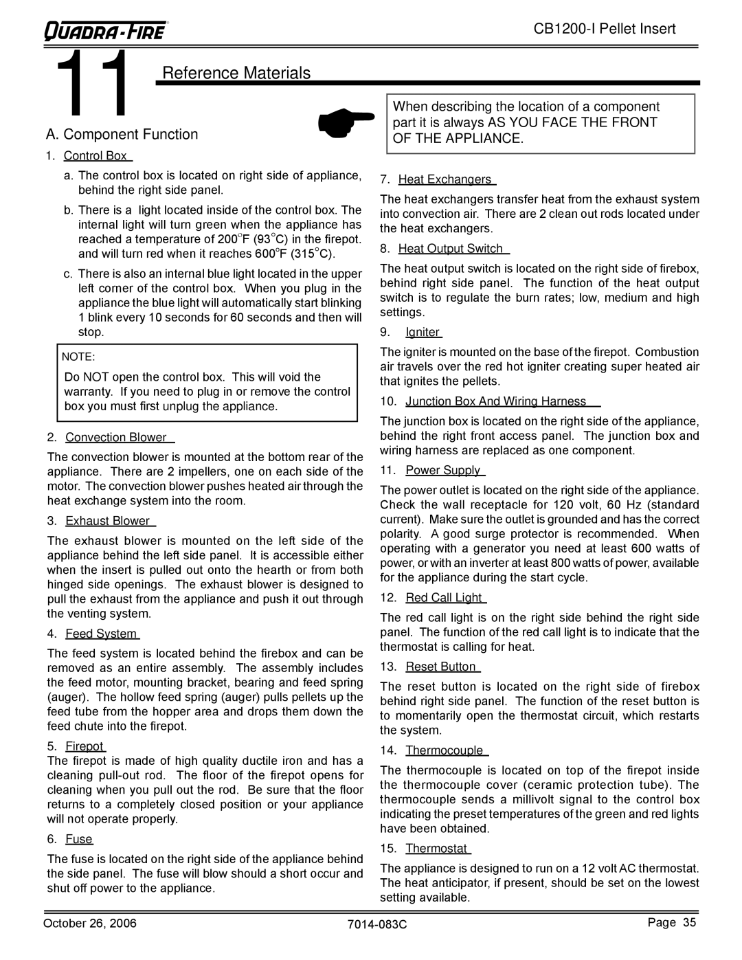 Quadra-Fire CB1200I-B owner manual Reference Materials, Component Function 