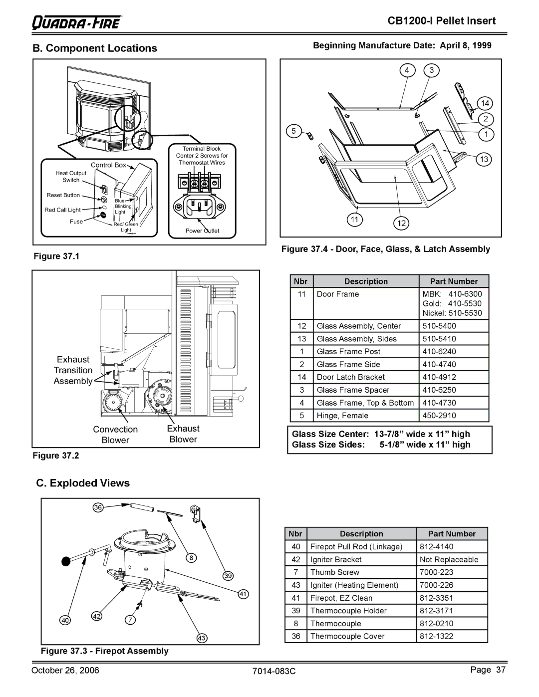 Quadra-Fire CB1200I-B CB1200-I Pellet Insert Component Locations, Exploded Views, Beginning Manufacture Date April 8 