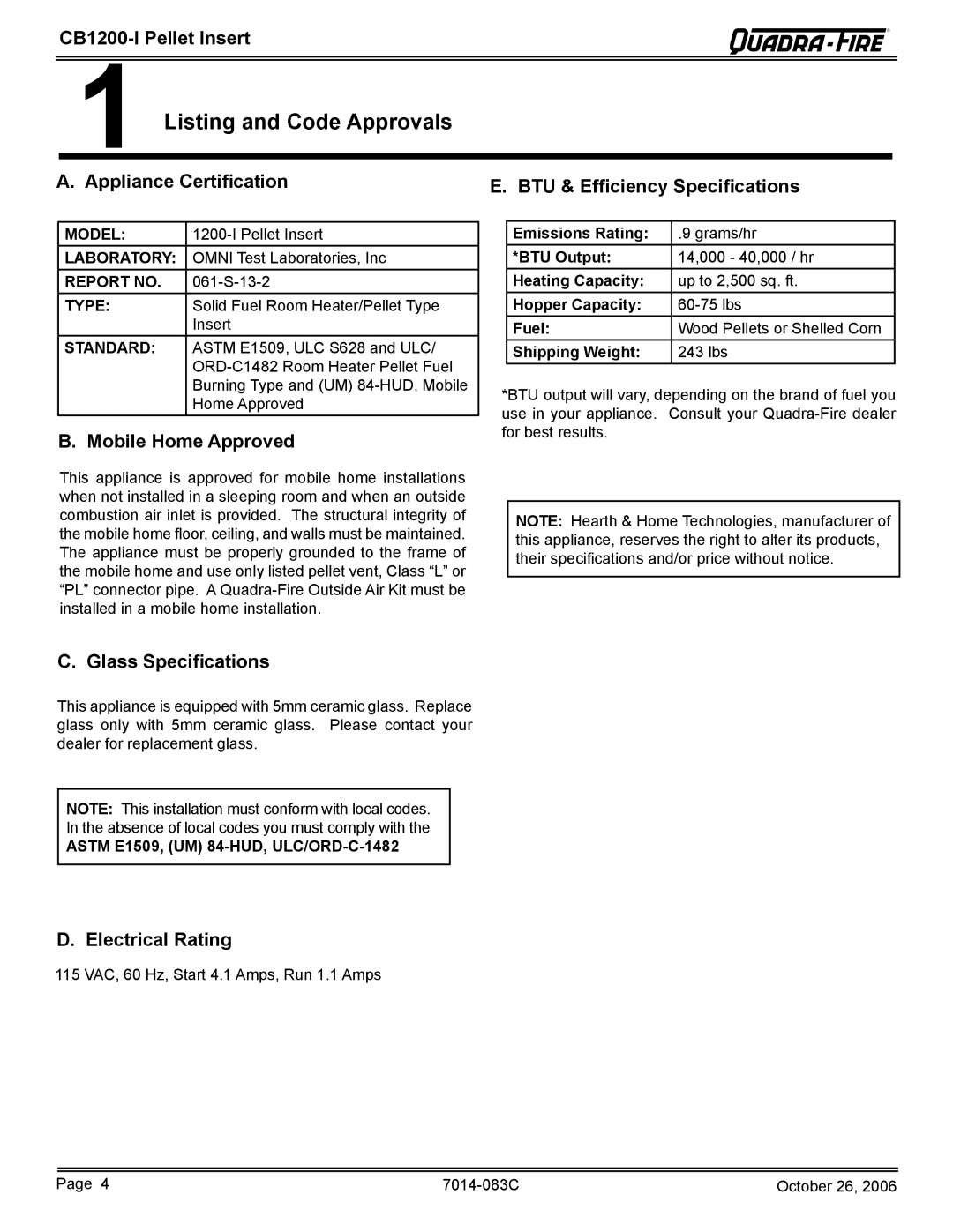 Quadra-Fire CB1200I-B owner manual Listing and Code Approvals 