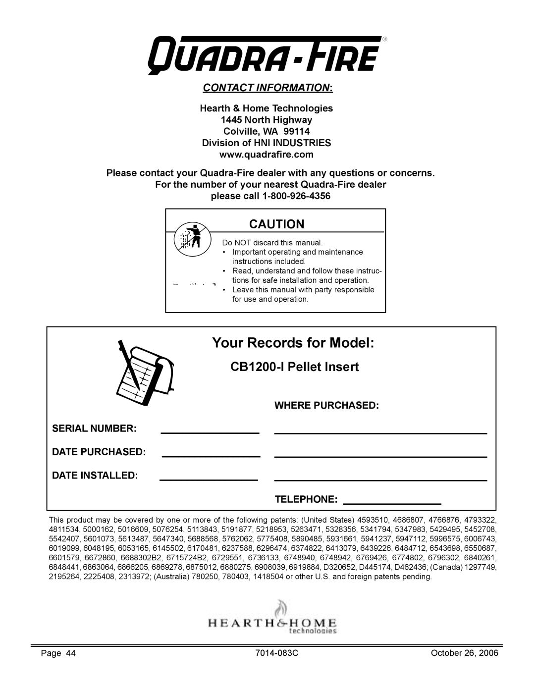 Quadra-Fire CB1200I-B owner manual CB1200-I Pellet Insert, Telephone 