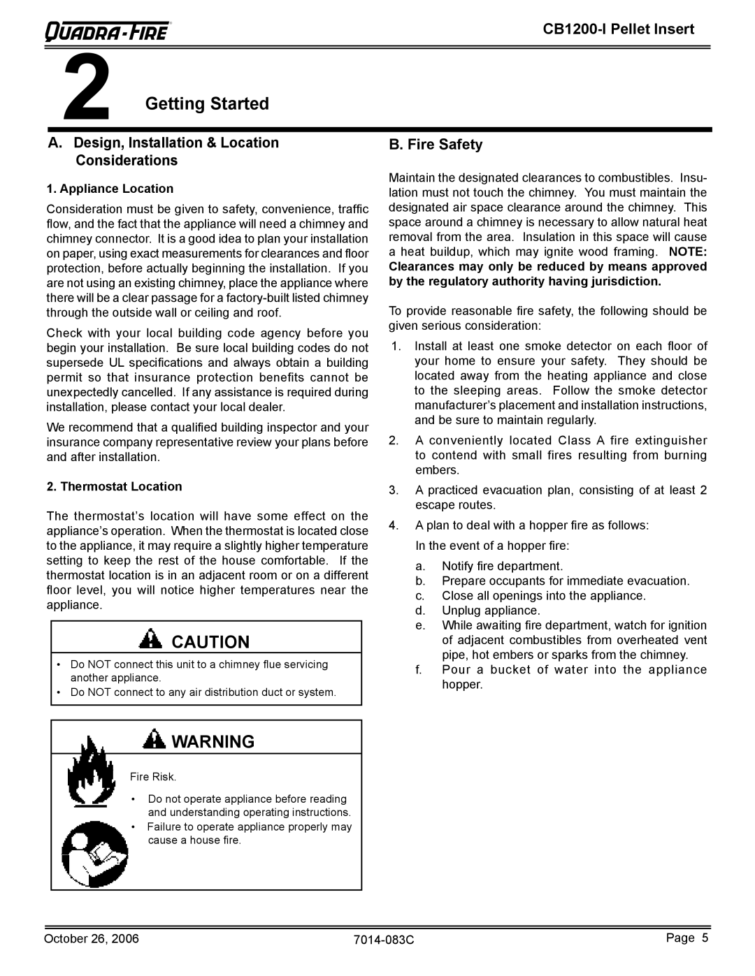 Quadra-Fire CB1200I-B Getting Started, Design, Installation & Location Considerations, Fire Safety, Appliance Location 