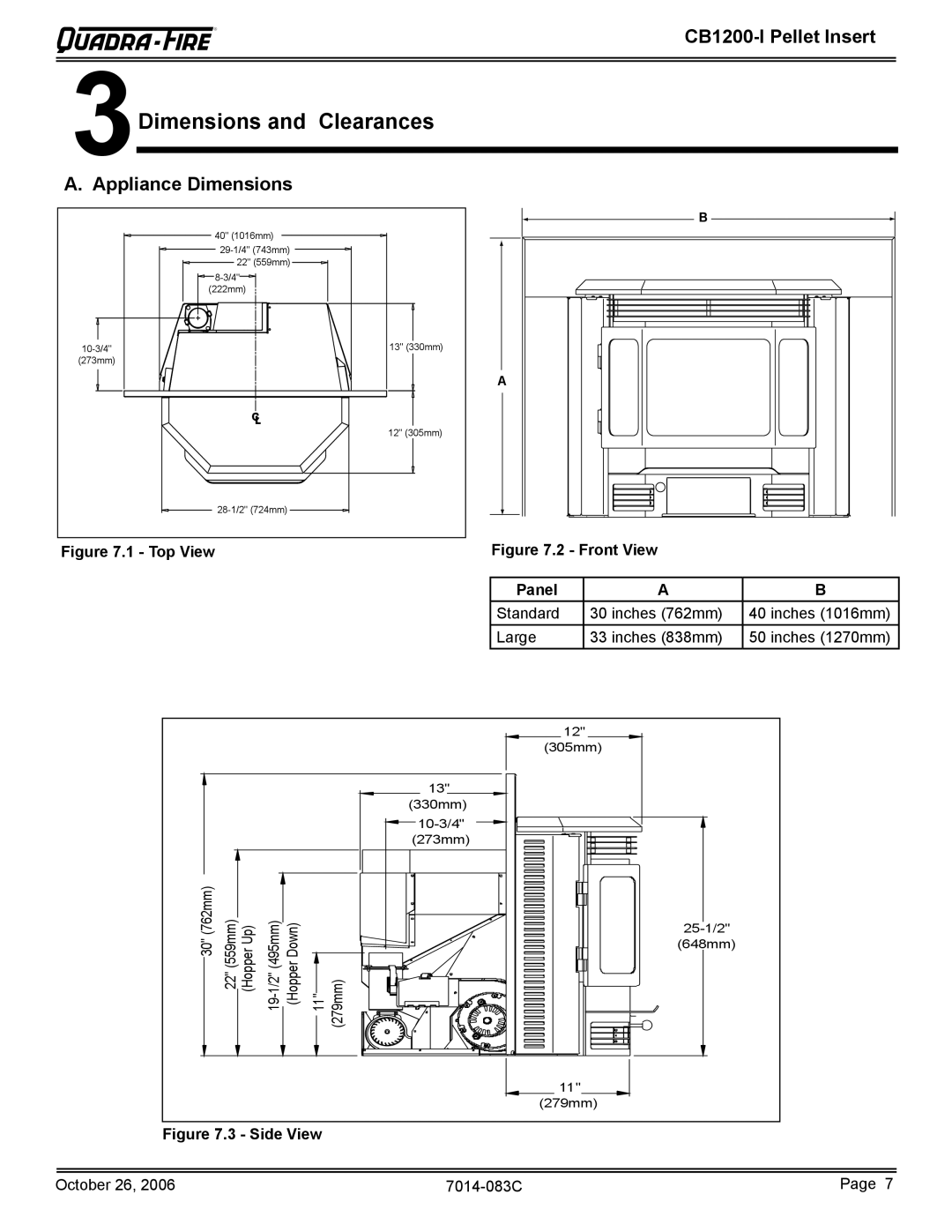 Quadra-Fire CB1200I-B owner manual Dimensions and Clearances, Appliance Dimensions 