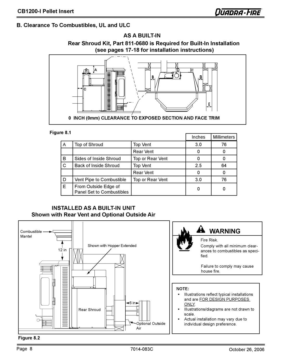 Quadra-Fire CB1200I-B Shown with Rear Vent and Optional Outside Air, Inch 0mm Clearance to Exposed Section and Face Trim 