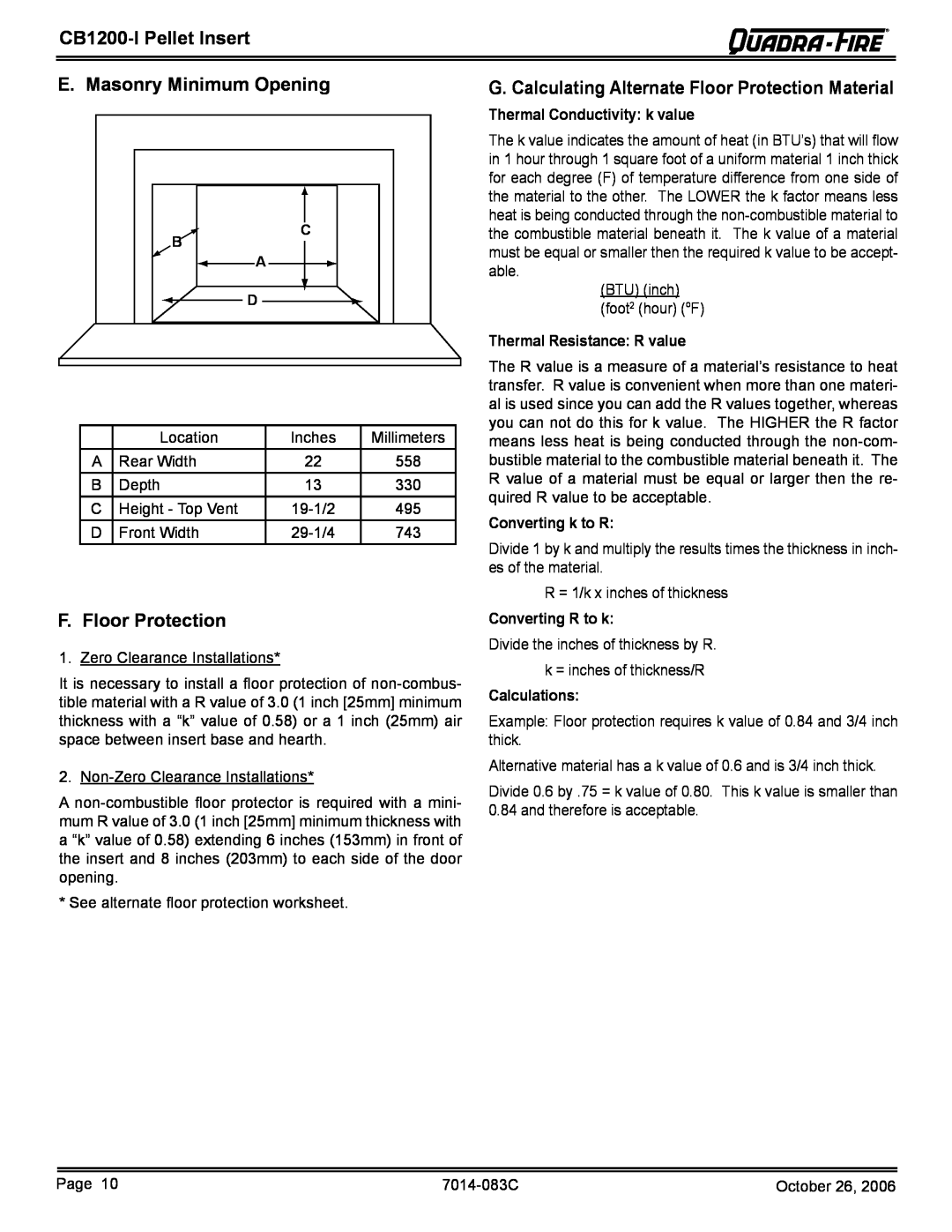 Quadra-Fire CB1200I-B E. Masonry Minimum Opening, F. Floor Protection, CB1200-IPellet Insert, Thermal Conductivity k value 