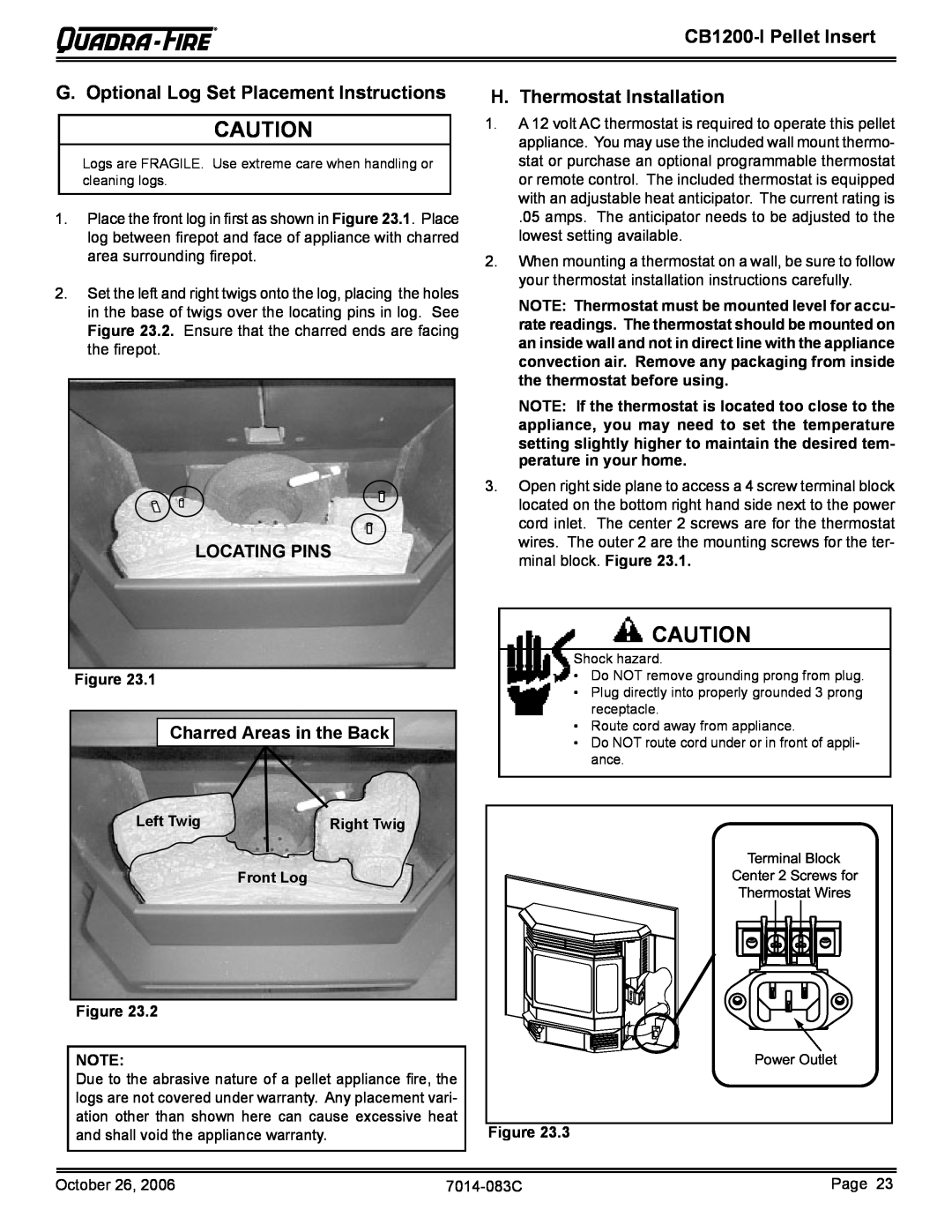 Quadra-Fire CB1200I-B owner manual G. Optional Log Set Placement Instructions, H. Thermostat Installation, Locating Pins 