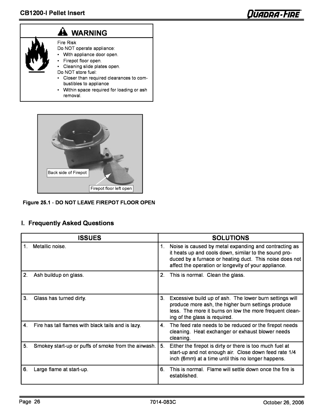 Quadra-Fire CB1200I-B owner manual I. Frequently Asked Questions, Issues, Solutions, CB1200-IPellet Insert 