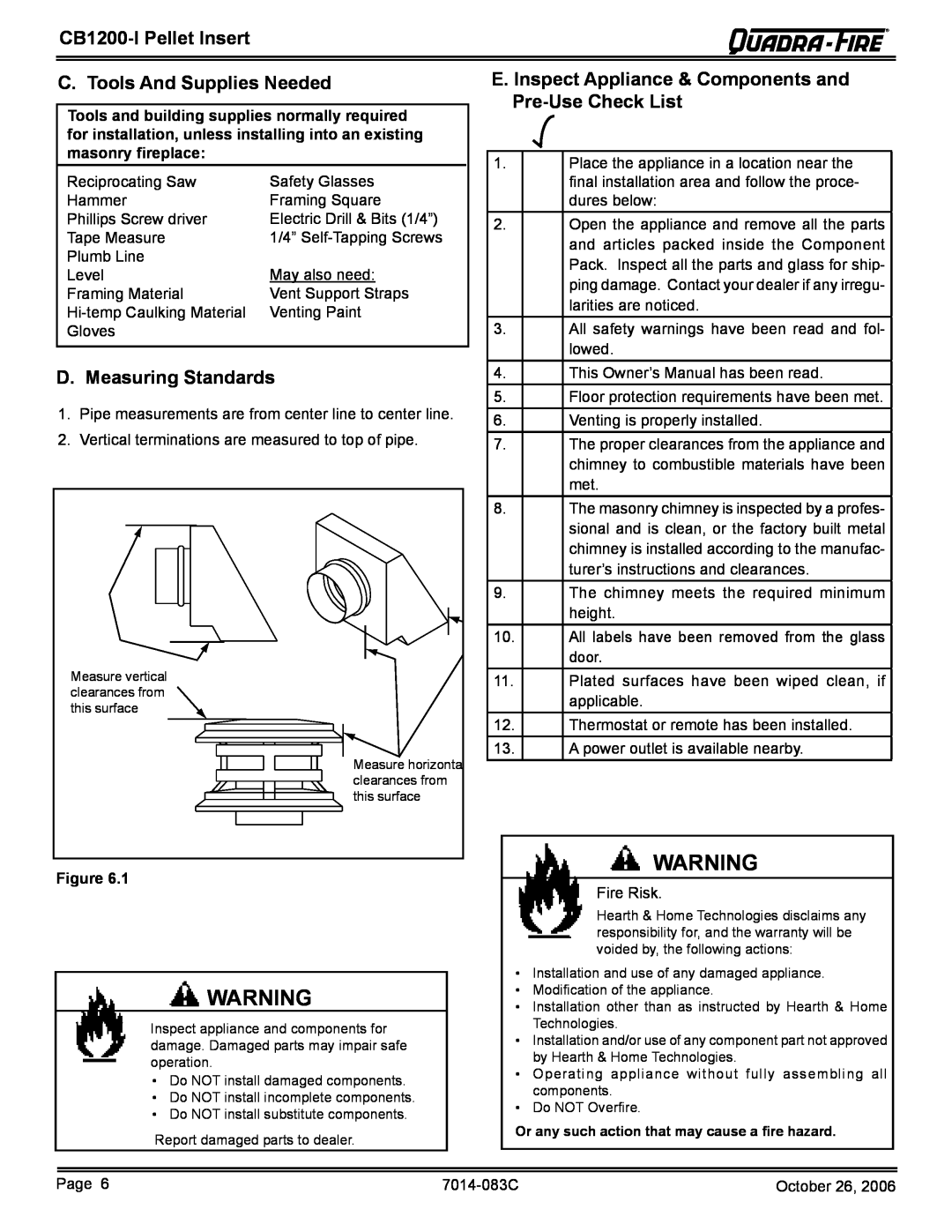 Quadra-Fire CB1200I-B owner manual C. Tools And Supplies Needed, D. Measuring Standards, CB1200-IPellet Insert 
