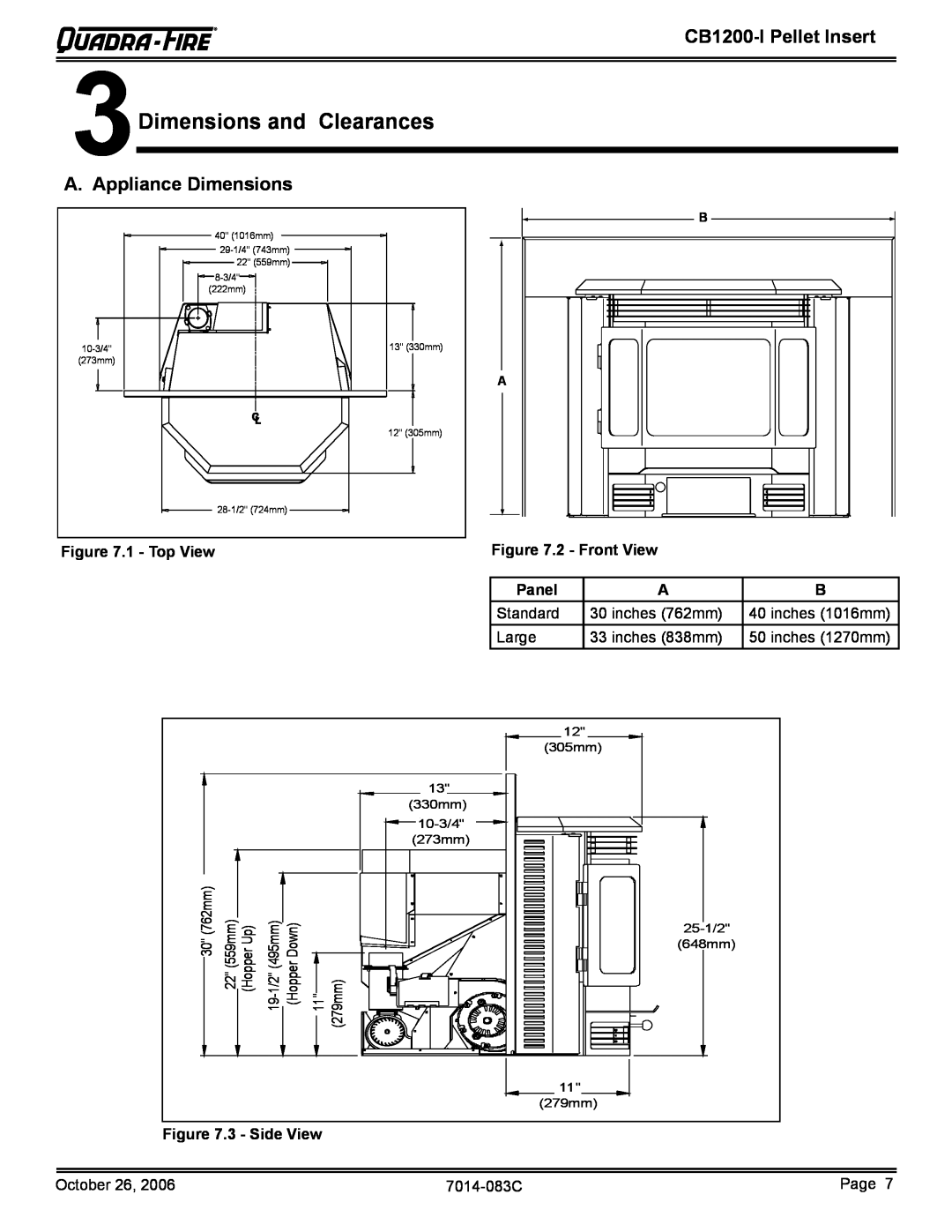 Quadra-Fire CB1200I-B owner manual Dimensions and Clearances, Appliance Dimensions, CB1200-IPellet Insert 