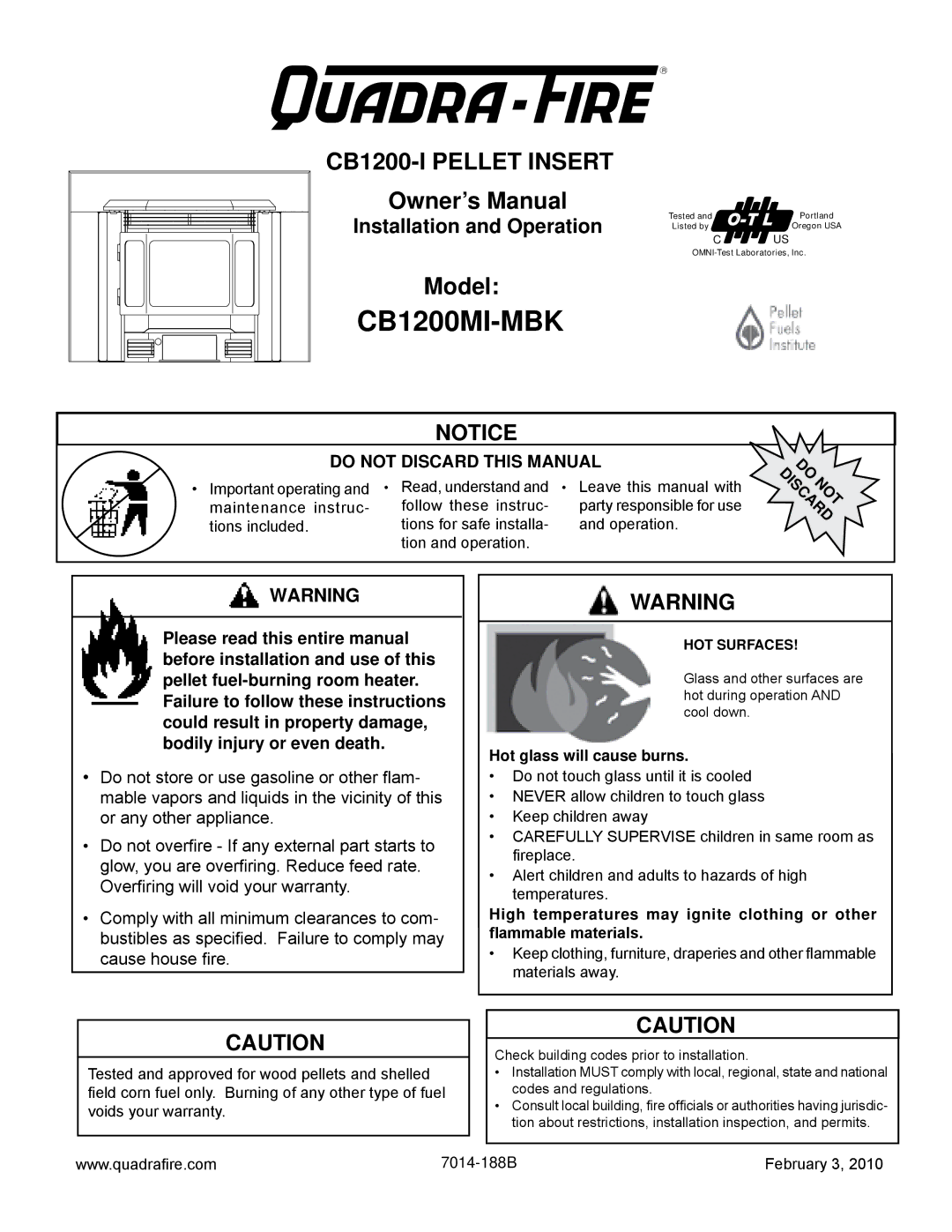 Quadra-Fire CB1200MI-MBK, CB1200I owner manual Hot glass will cause burns 