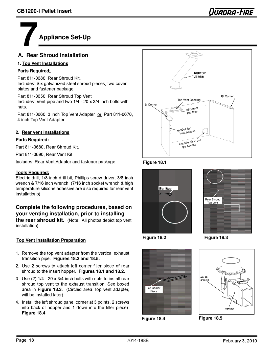 Quadra-Fire CB1200I, CB1200MI-MBK owner manual 7Appliance Set-Up, Rear Shroud Installation 