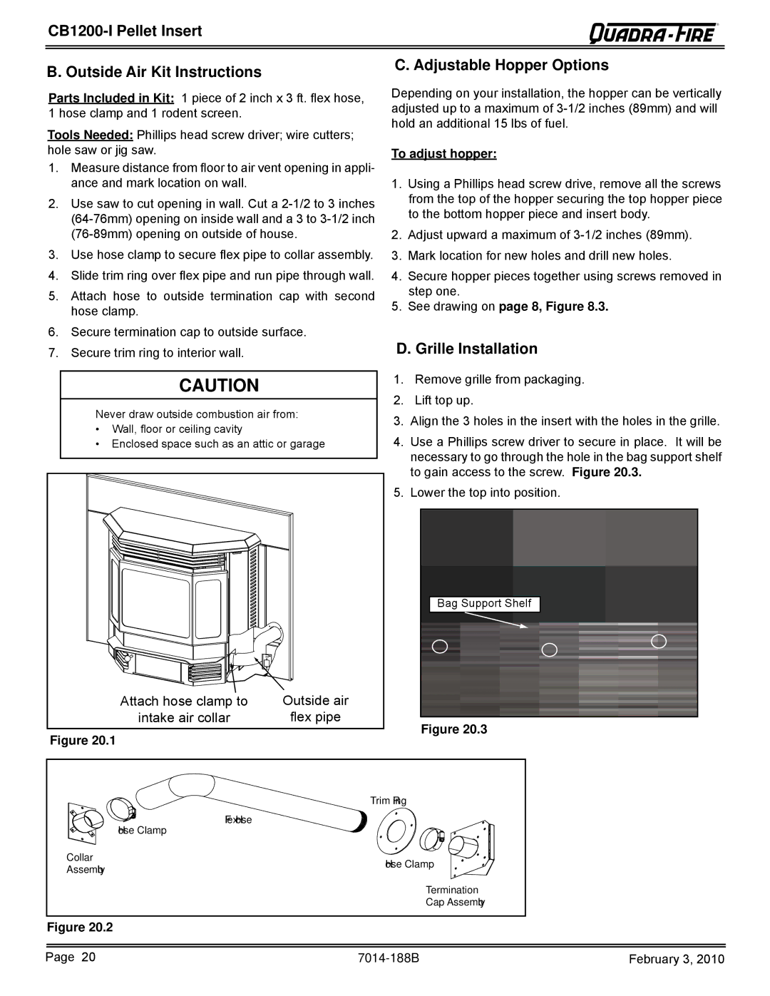 Quadra-Fire CB1200I CB1200-I Pellet Insert Outside Air Kit Instructions, Adjustable Hopper Options, Grille Installation 