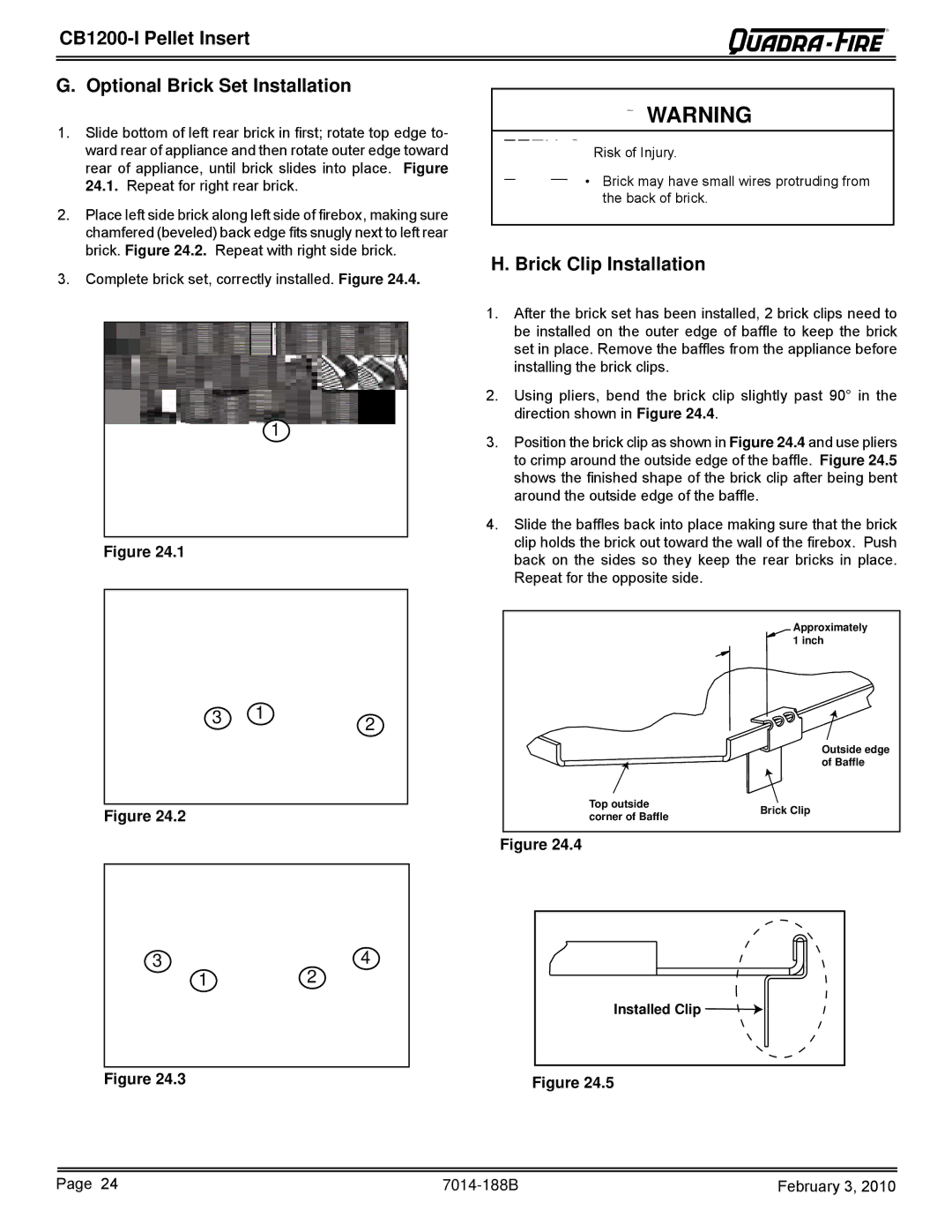 Quadra-Fire CB1200I, CB1200MI-MBK CB1200-I Pellet Insert Optional Brick Set Installation, Brick Clip Installation 